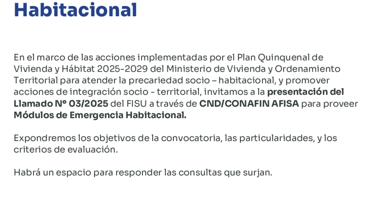 Presentación de llamado para módulos de emergencia habitacional